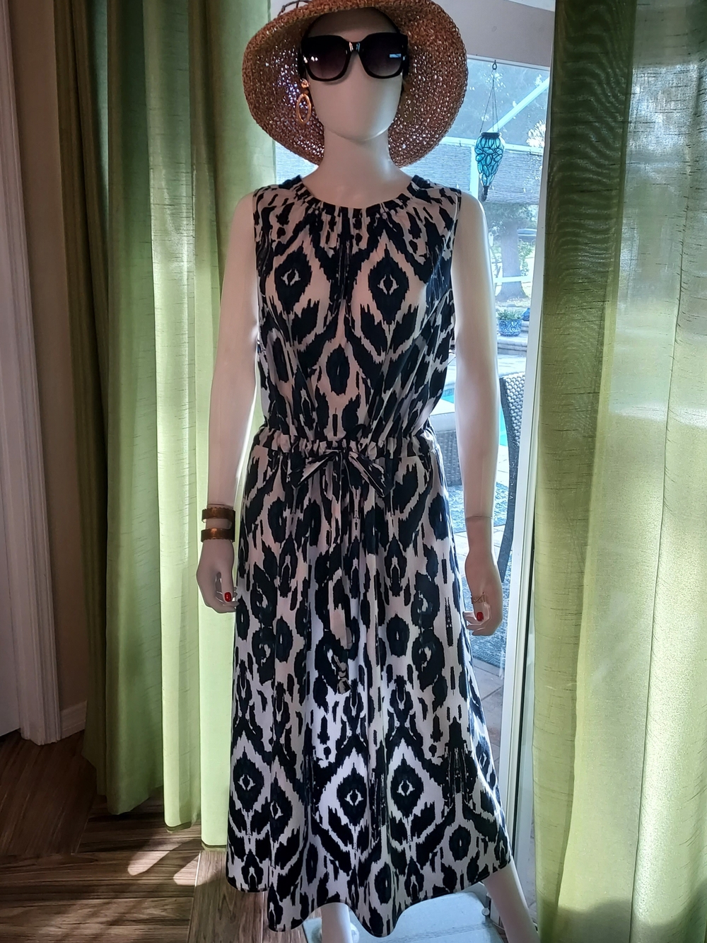 Lane Bryant Black, White & Blue Ikat Maxi Dress w Side Slit Pockets: Sz. 24